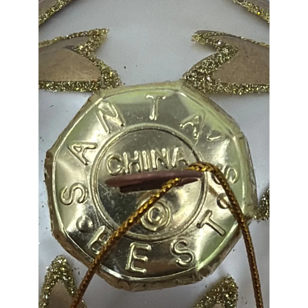 Santa's Best Glass Egg Christmas‎ Ornament Gold Glitter Filigree Pearl White